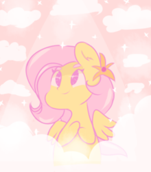 Size: 900x1024 | Tagged: safe, artist:angelloveponyheart, derpibooru import, fluttershy, pegasus, pony, cloud, female, flower, flower in hair, mare, sitting, smiling, solo, spotlight