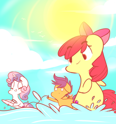 Size: 912x972 | Tagged: safe, artist:angelloveponyheart, derpibooru import, apple bloom, scootaloo, sweetie belle, earth pony, pegasus, pony, unicorn, bipedal, cutie mark crusaders, female, filly, foal, grin, smiling, splashing, sun, the cmc's cutie marks, wakeboarding, water