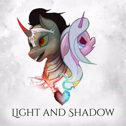 Size: 1920x1920 | Tagged: safe, artist:vitaj, derpibooru import, idw, king sombra, radiant hope, pony, unicorn, abstract background, album cover, bust, colored horn, crying, crystal heart, curved horn, duo, horn, portrait, sombra eyes, sombra horn