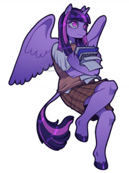 Size: 1280x1708 | Tagged: safe, artist:allegedratmonster, derpibooru import, twilight sparkle, anthro, unguligrade anthro, book, clothes, freckles, school uniform, simple background, skirt, solo, white background