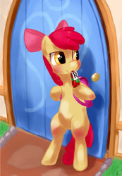 Size: 1401x2022 | Tagged: safe, artist:hieronymuswhite, derpibooru import, apple bloom, earth pony, pony, backpack, bipedal, cute, door, female, filly, foal, juice, juice box, looking sideways, mouth hold, solo