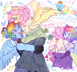 Size: 1376x1289 | Tagged: safe, artist:aj2020ahgd, derpibooru import, fluttershy, rainbow dash, anthro, dialogue, female, flutterdash, happy, lesbian, nervous, one eye closed, shipping, smiling, spread wings, sweat, wings