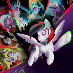 Size: 2000x2000 | Tagged: safe, artist:renokim, derpibooru import, oc, oc only, oc:wavebud, oc:xavi, pegasus, pony, unicorn, flying, hat, necktie, pink eyes, shattered glass, top hat, wide eyes