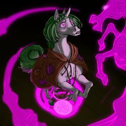 Size: 1080x1080 | Tagged: safe, artist:umnokorito, derpibooru import, clover the clever, pony, unicorn, windigo, braid, clip studio paint, clover the clever's cloak, colored hooves, cutie mark eyes, digital art, eyebrows, female, glowing, glowing eyes, green hair, green mane, highlights, hoers, hooves, jewelry, key, keychain, magic, magic circle, mare, necklace, peasant, pentagram, pink eyes, prophecy, rags, raised hooves, rearing, semi-realistic, short hair, stitches, vision, white coat, wingding eyes