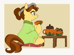 Size: 2048x1536 | Tagged: safe, artist:rirurirue, derpibooru import, earth pony, pony, butternut, cup, female, mare, pillow, sitting, solo, table, teacup, teapot