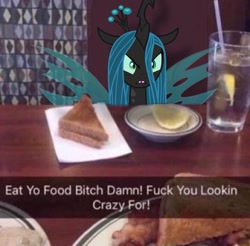 Size: 1125x1107 | Tagged: safe, artist:bloommoonbeam, derpibooru import, edit, queen chrysalis, changeling, changeling queen, bread, female, food, lemon, meme, vulgar, water