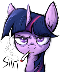 Size: 2000x2400 | Tagged: safe, artist:tatykin, derpibooru import, twilight sparkle, cigarette, smoke, smoking, tired, twilight sparkle is not amused, unamused, vulgar