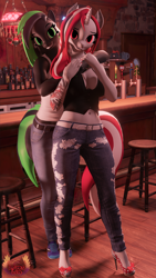 Size: 4320x7680 | Tagged: safe, artist:loveslove, derpibooru import, oc, oc only, oc:lovers, anthro, bat pony, hybrid, plantigrade anthro, unicorn, 3d, absurd file size, absurd resolution, alcohol, bar, bat ears, bat pony oc, bat pony unicorn, belly button, breasts, busty oc, clothes, denim, duo, duo female, female, high heels, horn, hug, jeans, looking at you, nail polish, pants, shirt, shoes, smiling, smiling at you, sneakers, tail, tattoo, toenail polish