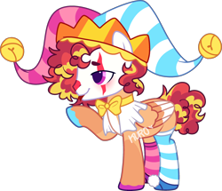 Size: 2602x2242 | Tagged: safe, artist:kurosawakuro, derpibooru import, oc, oc only, pegasus, pony, base used, clothes, hat, jester hat, male, offspring, parent:pinkie pie, parent:sunburst, simple background, socks, solo, stallion, striped socks, transparent background