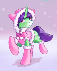 Size: 1369x1718 | Tagged: safe, artist:replacer808, derpibooru import, oc, oc only, oc:crescent star, crystal pony, pony, unicorn, clothes, crystal unicorn, happy, hoodie, outfit, sissy, snow, snowflake, socks, solo, winter coat, winter outfit