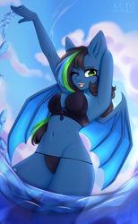 Size: 2470x4000 | Tagged: safe, artist:kutoshi, derpibooru import, oc, oc only, anthro, bat pony, bat wings, belly button, bikini, breasts, clothes, female, mare, one eye closed, solo, swimsuit, wings