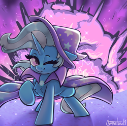 Size: 1171x1165 | Tagged: safe, alternate version, artist:llametsul, derpibooru import, trixie, pony, unicorn, atg 2022, cape, chest fluff, clothes, cool guys don't look at explosions, cute, explosion, female, hat, looking at you, mare, newbie artist training grounds, one eye closed, signature, smiling, smiling at you, solo, trixie's cape, trixie's hat, wink, winking at you