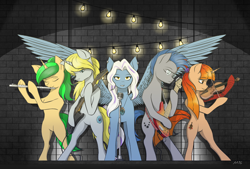 Size: 3200x2160 | Tagged: safe, artist:maneingreen, derpibooru import, oc, oc only, oc:soul strings, oc:sunset songbird, earth pony, pegasus, pony, unicorn, band, bipedal, cropped, electric guitar, flute, guitar, microphone, musical instrument, spread wings, violin, wings