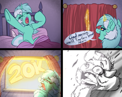 Size: 4408x3512 | Tagged: safe, artist:witchtaunter, derpibooru import, lyra heartstrings, pony, unicorn, bed, celebration, chest fluff, comic, curtains, cute, ear fluff, ears, faic, female, floppy ears, funny, high res, l.u.l.s., magic, mare, milestone, screaming, solo, speech bubble, squint, stretching, waking up, yelling