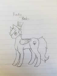 Size: 508x677 | Tagged: safe, artist:snoodle, derpibooru import, oc, oc only, oc:rockyroadic, pegasus, pony, cute, hat, lined paper, solo, top hat, traditional art