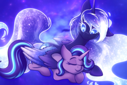 Size: 3000x2000 | Tagged: safe, artist:shad0w-galaxy, derpibooru import, princess luna, starlight glimmer, alicorn, pony, unicorn, alternate design, cuddling, cute, ethereal mane, ethereal tail, eyes closed, female, glowing, glowing eyes, high res, hug, lesbian, looking at someone, lunabetes, lying down, mare, prone, shipping, smiling, space, starluna, starry background, starry eyes, starry mane, starry wings, tail, wingding eyes, winghug, wings