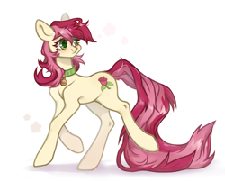 Size: 2100x1700 | Tagged: artist needed, safe, derpibooru import, roseluck, earth pony, pony, collar, commission, commissioner:doom9454, cute, cuteluck, female, long tail, looking back, looking to side, looking to the right, mare, pet collar, pet tag, pony pet, rosepet, side view, simple background, solo, tail, white background