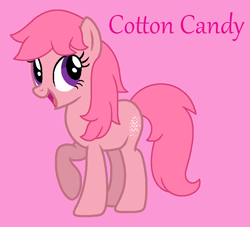 Size: 919x834 | Tagged: safe, artist:jigglewiggleinthepigglywiggle, derpibooru import, cotton candy (g1), earth pony, pony, g1, g4, base used, cottoncandybetes, cross-eyed, cute, female, full body, g1 to g4, generation leap, hooves, mare, open mouth, open smile, pink background, pink hair, pink mane, pink tail, pink text, purple eyes, raised hoof, raised leg, simple background, smiling, solo, standing, straight hair, straight mane, straight tail, tail, text