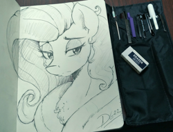 Size: 2048x1555 | Tagged: safe, artist:thelunarmoon, derpibooru import, fluttershy, pegasus, pony, chest fluff, clothes, doodle, eraser, female, lidded eyes, mare, pouch, signature, sketchbook, solo, traditional art