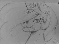 Size: 2048x1535 | Tagged: safe, artist:thelunarmoon, derpibooru import, princess celestia, alicorn, pony, cookie, female, food, grayscale, lidded eyes, mare, monochrome, mouth hold, smiling, solo, traditional art