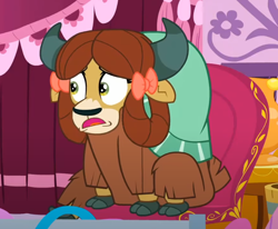 Size: 728x601 | Tagged: safe, derpibooru import, screencap, yona, yak, season 9, she's all yak, spoiler:s09, bow, cloven hooves, cropped, female, hair bow, monkey swings, solo