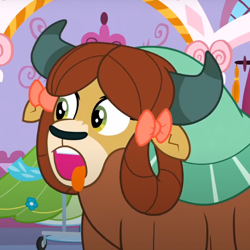 Size: 728x728 | Tagged: safe, derpibooru import, screencap, yona, yak, season 9, she's all yak, spoiler:s09, bow, cropped, female, hair bow, monkey swings, open mouth, solo, tongue, tongue out