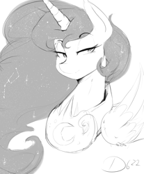 Size: 2700x3262 | Tagged: safe, artist:thelunarmoon, derpibooru import, princess luna, alicorn, pony, constellation, doodle, female, grayscale, lidded eyes, mare, monochrome, peytral, smiling, solo, wings