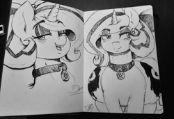 Size: 2048x1400 | Tagged: safe, artist:thelunarmoon, derpibooru import, oc, oc only, oc:lilith, succubus, unicorn, both cutie marks, collar, doodle, eyeshadow, fangs, female, freckles, inked, lidded eyes, makeup, monochrome, open mouth, open smile, sketchbook, smiling, solo, solo female, traditional art, wide hips