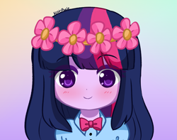 Size: 3549x2798 | Tagged: safe, artist:kittyrosie, derpibooru import, twilight sparkle, human, equestria girls, eyebrows, eyebrows visible through hair, floral head wreath, flower, flower in hair, gradient background, simple background