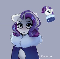 Size: 2048x1985 | Tagged: safe, artist:katputze, derpibooru import, rarity, pony, unicorn, bags under eyes, cloak, clothes, ears, female, floppy ears, frown, gray background, looking at you, mare, older, older rarity, signature, simple background, solo