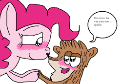 Size: 947x651 | Tagged: safe, artist:miatehkitty, derpibooru import, pinkie pie, earth pony, pony, raccoon, blushing, crossover, crossover shipping, deviantart, female, happy, male, mare, ms paint, regular show, rigby, rigbypie, shipping, simple background, straight, teary eyes, text, white background