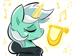 Size: 1373x1080 | Tagged: safe, artist:another_pony, derpibooru import, lyra heartstrings, pony, unicorn, fanfic:background pony, bust, clothes, dig the swell hoodie, eyes closed, hoodie, lyre, magic, music notes, musical instrument, portrait, profile, solo, telekinesis