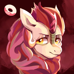 Size: 1800x1800 | Tagged: safe, artist:poxy_boxy, derpibooru import, autumn blaze, kirin, bust, eyebrows, female, frown, looking at you, signature, solo