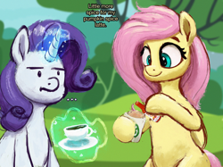 Size: 2732x2048 | Tagged: safe, artist:phutashi, derpibooru import, fluttershy, rarity, pegasus, pony, unicorn, ..., coffee, coffee cup, coffee mug, cup, dialogue, dot eyes, duo, female, food, high res, hoof hold, hot sauce, latte, levitation, magic, mare, mug, pumpkin spice, saucer, smiling, telekinesis, this will end in tears, this will not end well