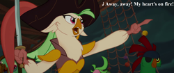 Size: 1920x804 | Tagged: safe, derpibooru import, edit, edited screencap, screencap, captain celaeno, lix spittle, mullet (character), my little pony: the movie, cutlass, gilbert and sullivan, hat, lyrics, parrot pirates, pirate, song reference, sword, text, the pirates of penzance, tricorne, weapon