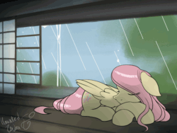 Size: 640x480 | Tagged: safe, artist:hauntedtuba, derpibooru import, fluttershy, pegasus, pony, animated, cute, ears, eye clipping through hair, eyes closed, female, floppy ears, folded wings, gif, lying down, mare, prone, rain, shyabetes, signature, sleeping, solo, window, wing twitch, wings