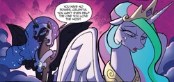 Size: 1294x613 | Tagged: safe, artist:tonyfleecs, derpibooru import, idw, nightmare moon, princess celestia, alicorn, pony, fiendship is magic, spoiler:comic, dialogue, duo, female, mare, teary eyes