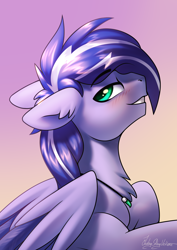 Size: 2000x2828 | Tagged: safe, artist:jedayskayvoker, derpibooru import, oc, oc only, oc:lightning flare, pegasus, pony, blushing, bust, chest fluff, commission, cute, ear fluff, ears, folded wings, gradient background, green eyes, horny, icon, jewelry, looking back, male, necklace, pegasus oc, portrait, signature, smiling, solo, stallion, wings
