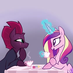 Size: 2048x2048 | Tagged: safe, artist:pfeffaroo, derpibooru import, princess cadance, tempest shadow, alicorn, pony, unicorn, cup, duo, glowing, glowing horn, high res, horn, looking at each other, looking at someone, magic, teacup, telekinesis