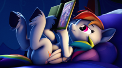 Size: 3840x2160 | Tagged: safe, artist:psfmer, derpibooru import, daring do, rainbow dash, pegasus, 3d, bed, bedroom, book, butt, daring do and the sapphire statue, hooves up, lying down, lying on bed, on back, on bed, plot, rainbow dash's bedroom, rainbutt dash, reading, reading rainbow, solo, source filmmaker, underhoof, unshorn fetlocks