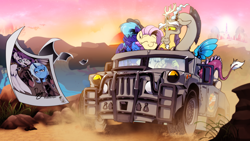 Size: 4000x2249 | Tagged: safe, artist:dormin-dim, derpibooru import, discord, fluttershy, trixie, oc, draconequus, pegasus, pony, unicorn, canon x oc, driving, happy, high res, truck, wheel