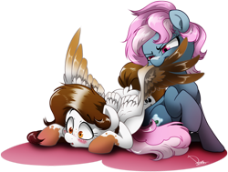 Size: 1000x755 | Tagged: safe, artist:dormin-dim, derpibooru import, oc, oc only, earth pony, pegasus, pony, assisted preening, biting, earth pony oc, freckles, pegasus oc, simple background, transparent background, wing bite, wings