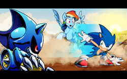 Size: 4000x2480 | Tagged: safe, artist:dormin-dim, derpibooru import, rainbow dash, anthro, hedgehog, pegasus, pony, robot, metal sonic, sonic the hedgehog, sonic the hedgehog (series)