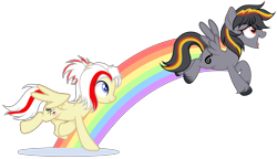 Size: 4963x2856 | Tagged: safe, artist:mcjojo, artist:virumi, derpibooru import, oc, oc only, oc:antilag, oc:redsun, pegasus, pony, duo, duo female, female, jumping, rainbow, running, simple background, transparent background