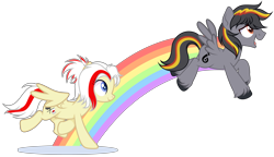 Size: 4963x2856 | Tagged: safe, alternate version, artist:mcjojo, artist:virumi, derpibooru import, oc, oc only, oc:antilag, oc:redsun, pegasus, pony, duo, duo male and female, female, jumping, male, rainbow, running, simple background, transparent background