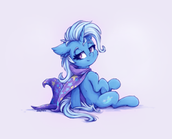 Size: 1547x1249 | Tagged: safe, artist:zeepheru_pone, derpibooru import, trixie, pony, unicorn, bedroom eyes, cape, clothes, ear fluff, ears, female, hat, looking at you, mare, signature, simple background, smiling, smiling at you, solo, trixie's cape, trixie's hat