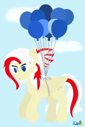 Size: 1365x2048 | Tagged: safe, artist:sailzvoilez, derpibooru import, oc, oc only, oc:redsun, pegasus, pony, balloon, female, floating, folded wings, sky background, solo, wings