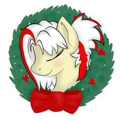 Size: 2000x2000 | Tagged: safe, artist:mercyamour, derpibooru import, oc, oc only, oc:redsun, pegasus, pony, bow, eyes closed, female, headshot commission, solo, wreath