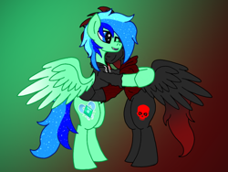 Size: 1200x900 | Tagged: safe, artist:ice_king1011, derpibooru import, oc, oc only, oc:jade breeze, oc:negative, alicorn, pegasus, pony, bipedal, clothes, duo, happy, hidden face, hoodie, hug, skull, solo, wings