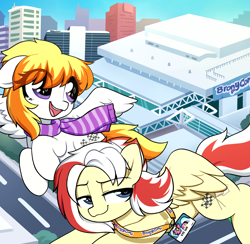 Size: 3000x2933 | Tagged: safe, artist:moozua, derpibooru import, oc, oc only, oc:lightspeed, oc:mane event, oc:redsun, pegasus, pony, baltimare, baltimore, baltimore convention center, banner, bronycon, bronycon 2018, building, clothes, convention, duo, duo female, female, flying, lanyard, scarf, tower